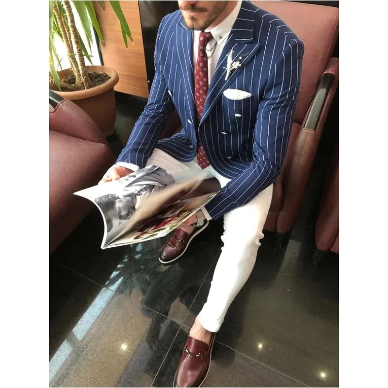 Costume 2 pièces à rayures et revers pour homme d'affaires, coupe slim, smoking de mariage, blazer croisé tendance (veste + pantalon)