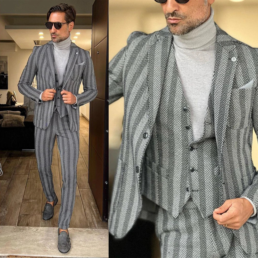 Costume de mariage rayé pour homme, veste et pantalon, coupe slim, simple boutonnage, revers cranté, tenue de marié, 3 pièces