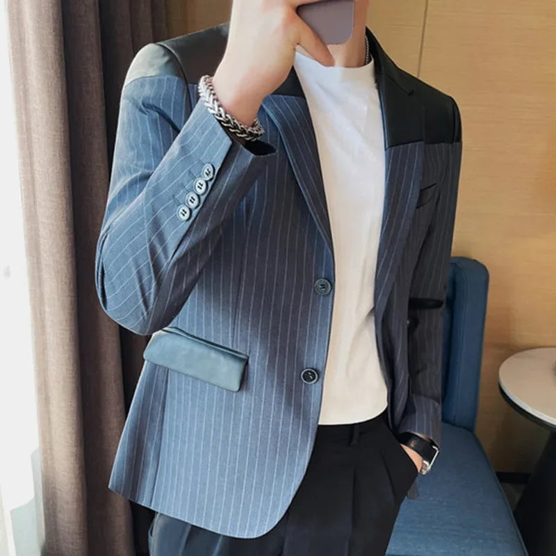 Men's Pinstripe Blazer with Leather Accents and Three Button Cuffs