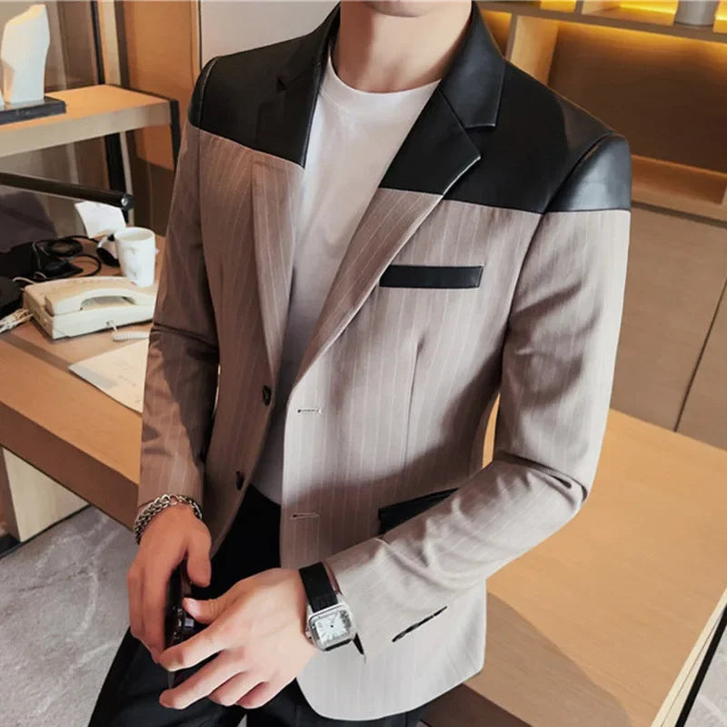 Men's Pinstripe Blazer with Leather Accents and Three Button Cuffs