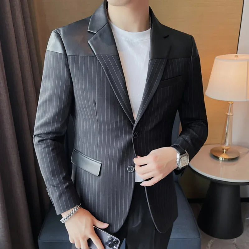 Men's Pinstripe Blazer with Leather Accents and Three Button Cuffs