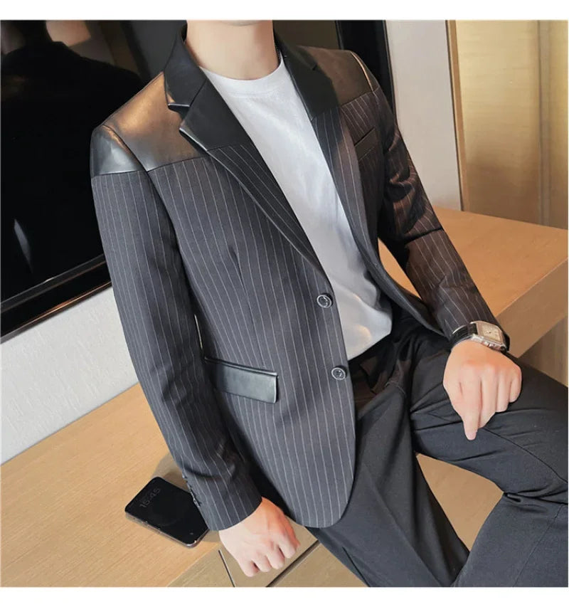 Men's Pinstripe Blazer with Leather Accents and Three Button Cuffs