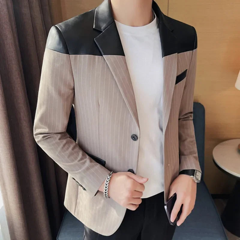 Men's Pinstripe Blazer with Leather Accents and Three Button Cuffs