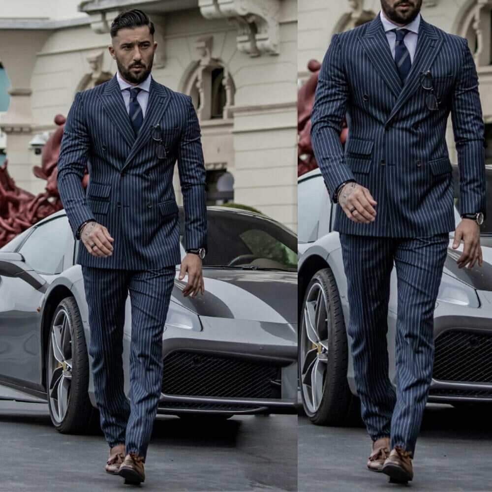 Costume rayé pour homme, coupe slim, veste de smoking croisée, blazer de mariage, nouvelle veste et pantalon pour homme 