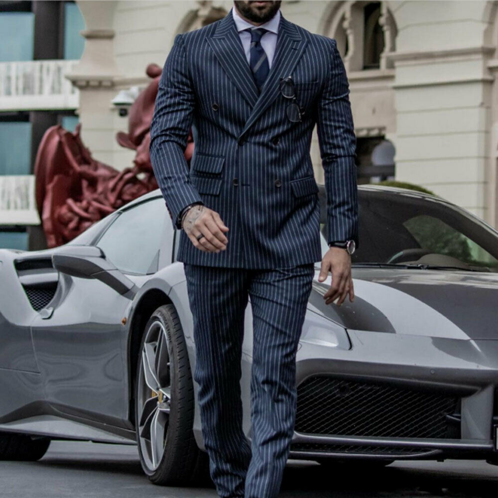 Costume rayé pour homme, coupe slim, veste de smoking croisée, blazer de mariage, nouvelle veste et pantalon pour homme 