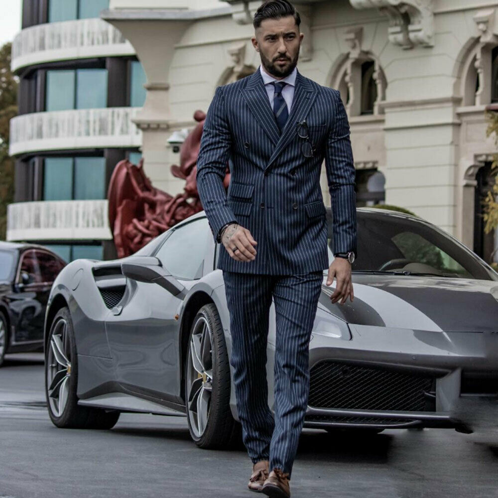 Costume rayé pour homme, coupe slim, veste de smoking croisée, blazer de mariage, nouvelle veste et pantalon pour homme 