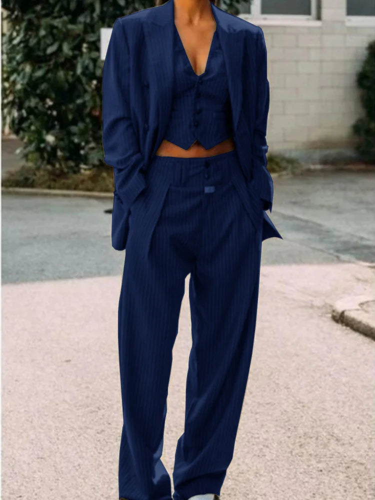 Costume rayé pour femme, revers simple boutonnage, veste sexy à revers + gilet + pantalon, veste de travail et de voyage, 3 pièces, personnalisé