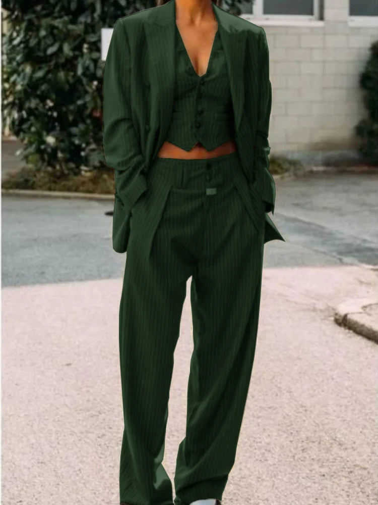 Costume rayé pour femme, revers simple boutonnage, veste sexy à revers + gilet + pantalon, veste de travail et de voyage, 3 pièces, personnalisé