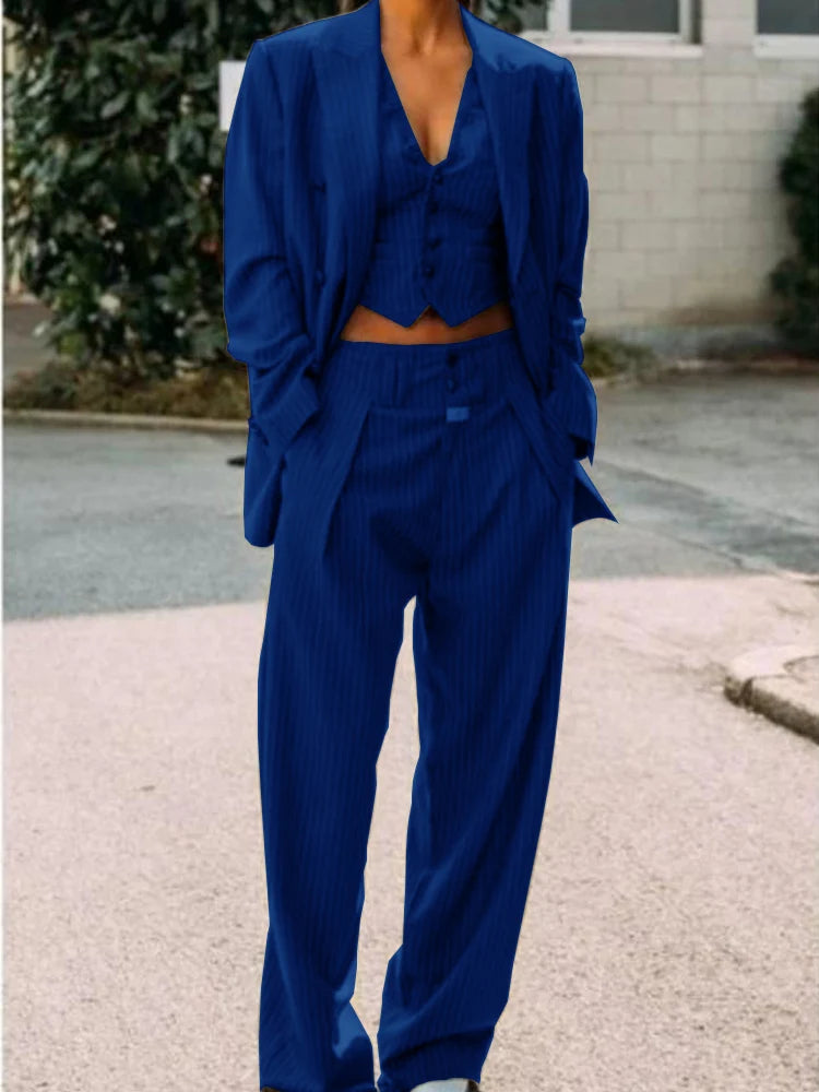 Costume rayé pour femme, revers simple boutonnage, veste sexy à revers + gilet + pantalon, veste de travail et de voyage, 3 pièces, personnalisé