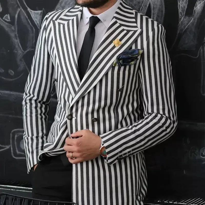 Trajes de hombre a rayas, 2 piezas, blazer, pantalón negro, botonadura sencilla, para negocios, solapa de pico, para boda, novio, talla grande 