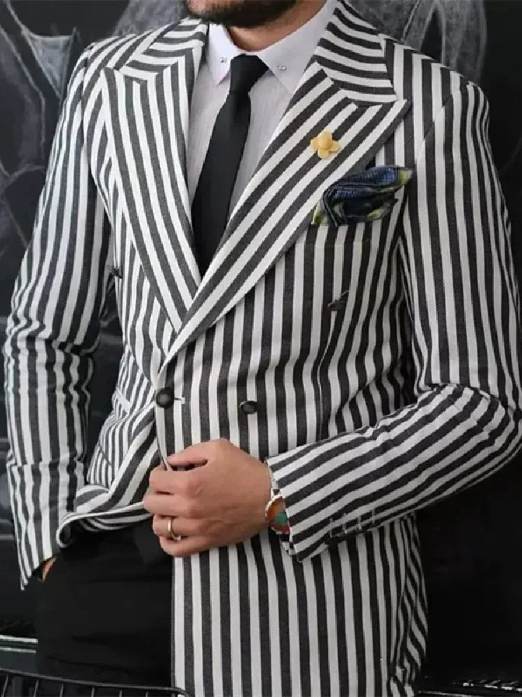 Trajes de hombre a rayas, 2 piezas, blazer, pantalón negro, botonadura sencilla, para negocios, solapa de pico, para boda, novio, talla grande 