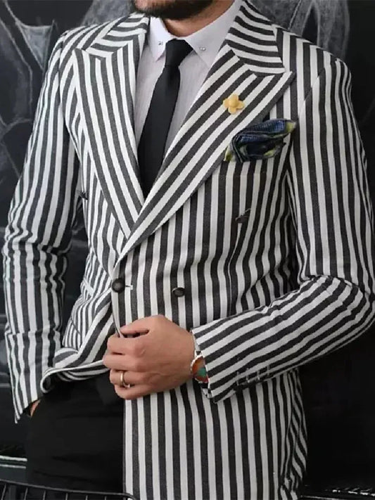 Stripes Men's Suits Tailored 2 Pieces Blazer Black Pants Single Breasted Business Peaked Lapel Wedding Groom Tailored Plus Size