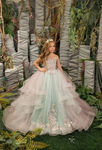Robe en tulle superposée pour fille avec ornements floraux et jupe dégradée rose menthe