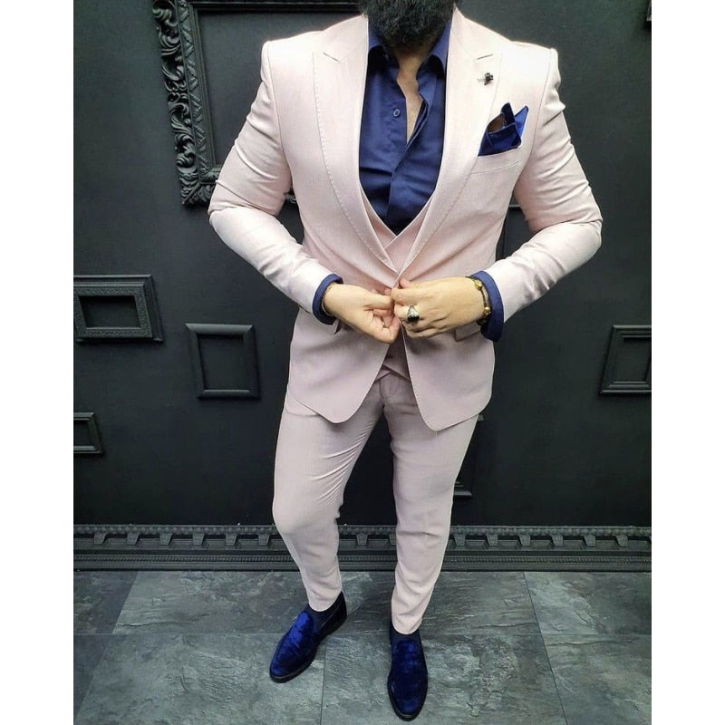 Pink Men Suits Set 3Pieces Wedding Tuxedos Groom Party Wear Blazer Trousers Business Slim Fit Clothing Jacket+Vest+Pants