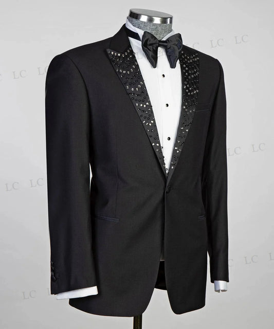 Traje de esmoquin elegante para hombre, 2 piezas, blazer, pantalón, un botón, diamantes, abalorios, blazer, fiesta, formal, boda, novio, talla grande, a medida.