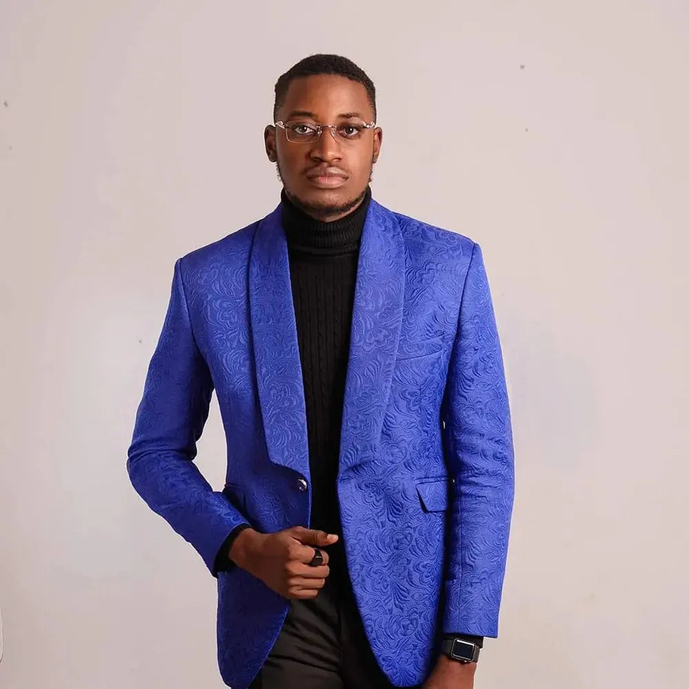 Suit For Men Wedding Royal Blue Jacquard Black Trousers Modern Man Costume Dresses For Groom Luxury Blazer 2 Pieces
