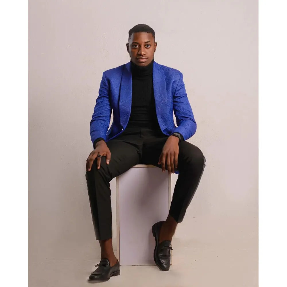 Traje de boda para hombre, azul real, jacquard, pantalón negro, moderno, para novio, blazer de lujo, 2 piezas 