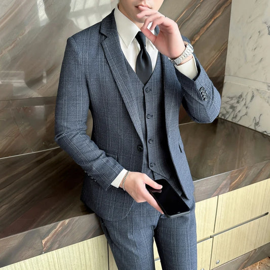 (Suit + Vest + Trousers) Quality Suit Suit Male Three-piece Version of Fashion Handsome Slim Business Casual Wedding Suit