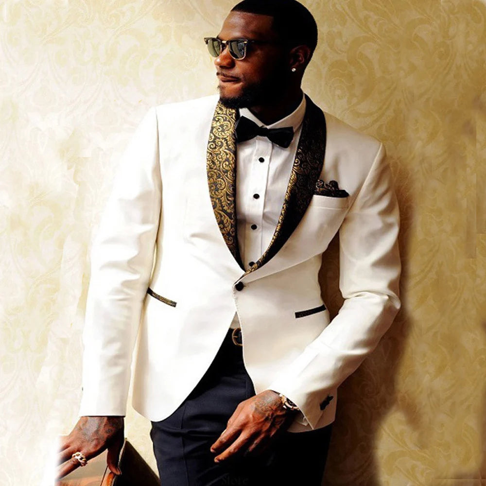 Costume 2 pièces pour homme, coupe slim, décontracté, élégant, avec revers châle, en jacquard, à un bouton, pour soirée, dîner, mariage