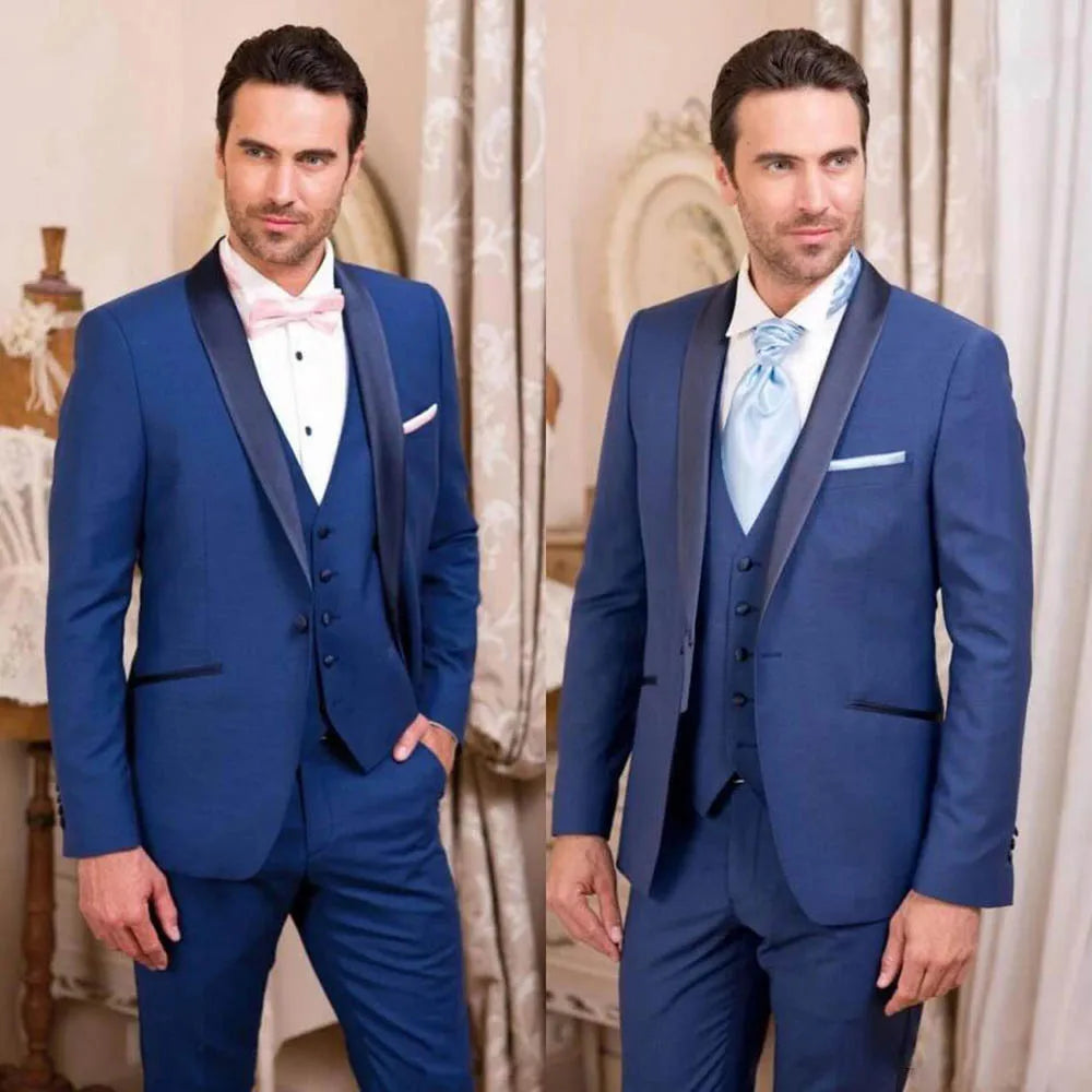 Costume 3 pièces bleu roi pour homme, blazer à un bouton, col châle, élégant, pour fête, banquet, mariage (veste, gilet, pantalon)