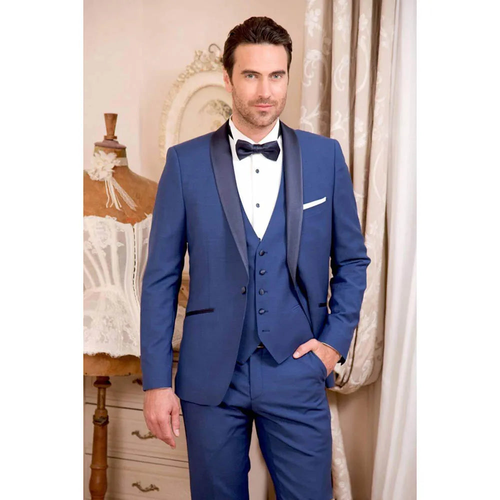 Costume 3 pièces bleu roi pour homme, blazer à un bouton, col châle, élégant, pour fête, banquet, mariage (veste, gilet, pantalon)