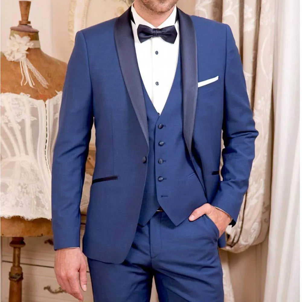 Costume 3 pièces bleu roi pour homme, blazer à un bouton, col châle, élégant, pour fête, banquet, mariage (veste, gilet, pantalon)