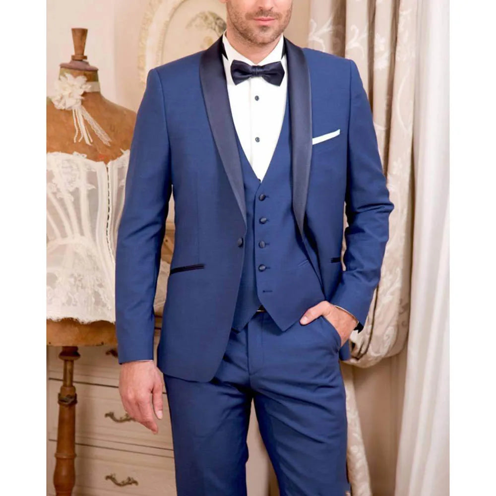 Costume 3 pièces bleu roi pour homme, blazer à un bouton, col châle, élégant, pour fête, banquet, mariage (veste, gilet, pantalon)