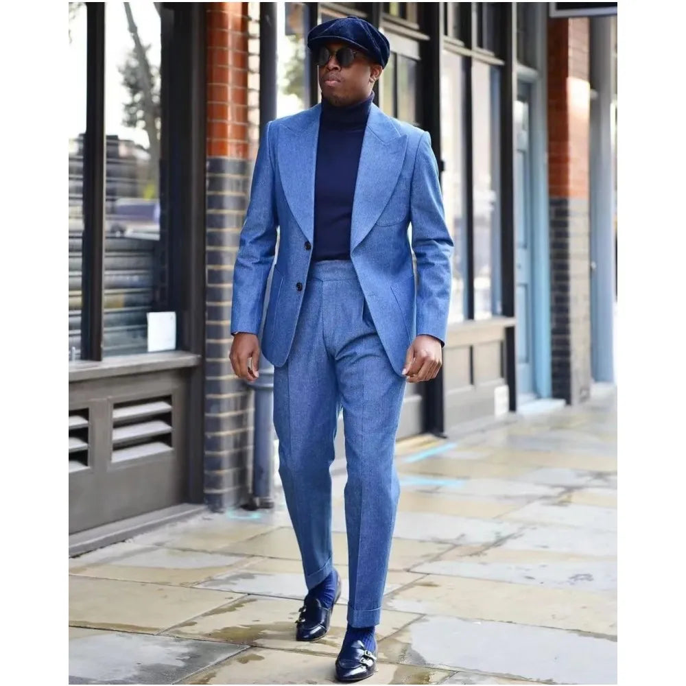 Trajes de lino azul de verano para hombre, solapa con pico, corte entallado, esmoquin personalizado para caballero, boda, novio, graduación, trajes casuales de 2 piezas