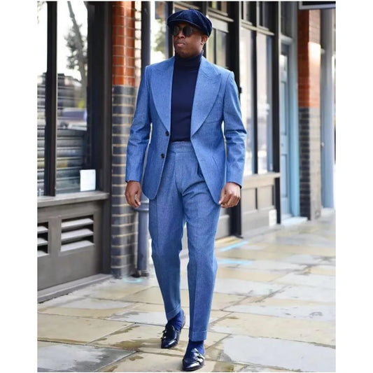 Summer Blue Linen Men Suits Peaked Lapel Slim Fit Custom Tuxedo Homme Gentleman Wedding Groom Prom Casual Outfits 2 Pieces