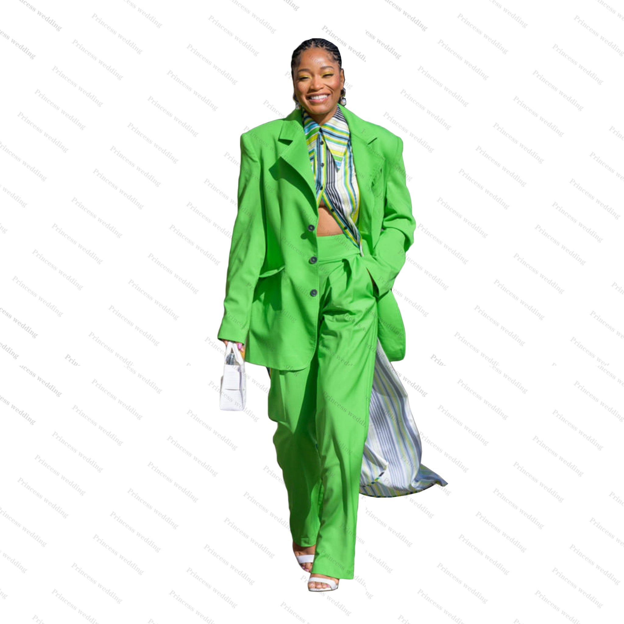 Conjunto de pantalón y chaqueta de manga larga para mujer, color verde brillante, con pierna ancha y talla grande, para oficina, fiesta y graduación 