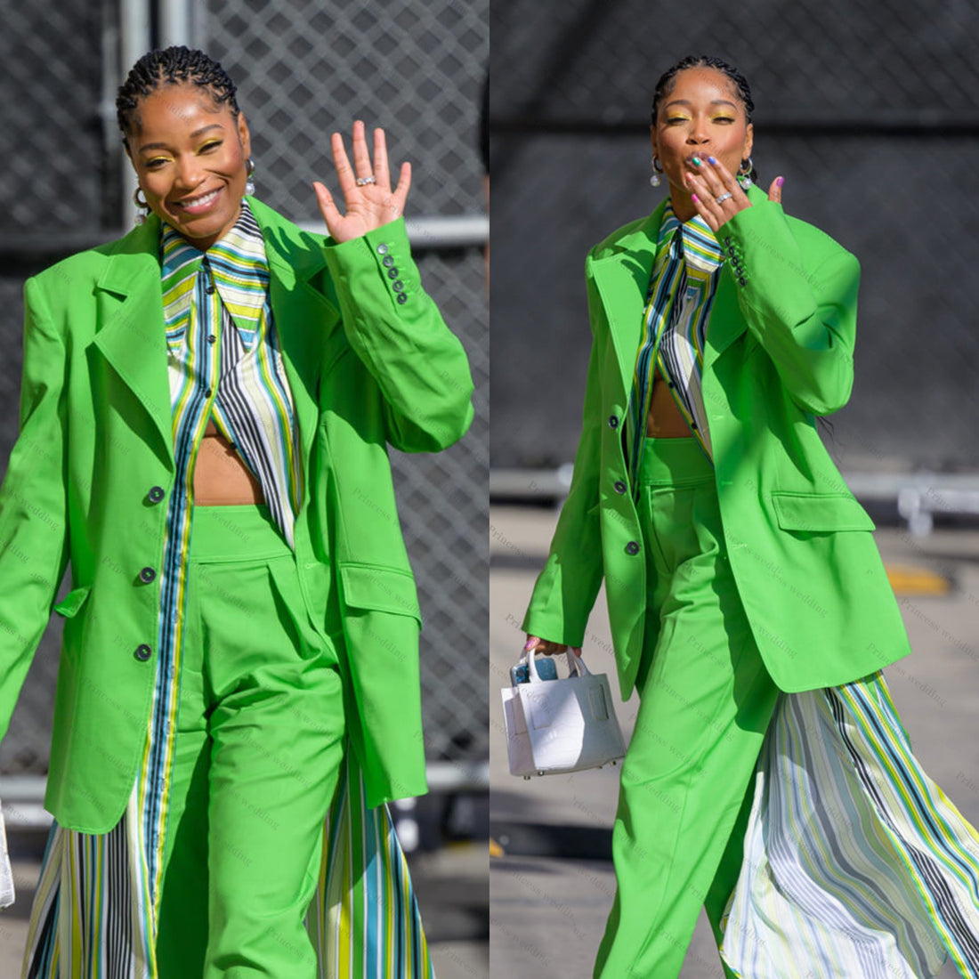 Ensemble pantalon et blazer vert vif pour femme, tenue d'été à manches longues, jambes larges, grande taille, tenue de soirée ou de bal 