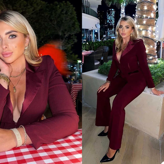 Costume d'été bordeaux pour mère de la mariée, coupe slim, col en V, pantalon large, pour femme de bureau, bal, fête, mariage (veste + pantalon) 
