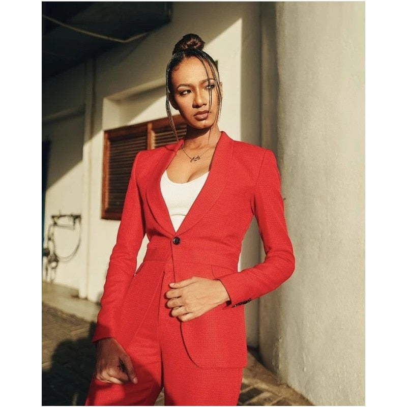 Summer Casual Red Women Suits 2 Pieces Business Office Blazer Women Femenino Jacket Pant Suit Formal Work Wear Set