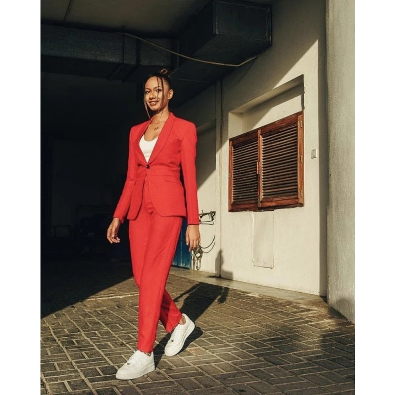 Summer Casual Red Women Suits 2 Pieces Business Office Blazer Women Femenino Jacket Pant Suit Formal Work Wear Set