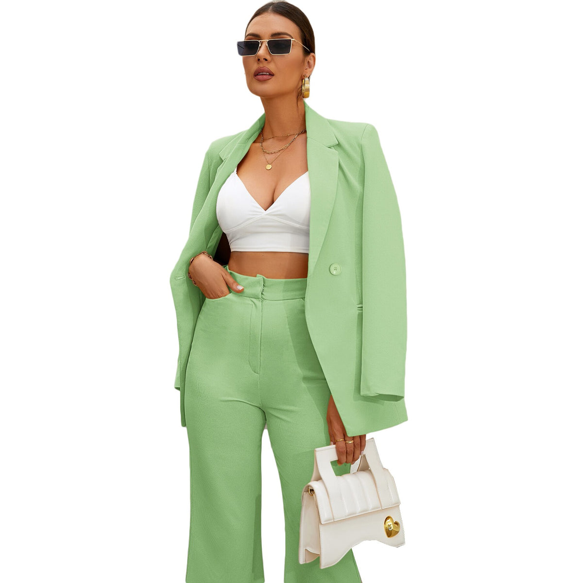 Conjunto de 2 piezas de traje de madre de la novia, color verde veraniego, para boda, sexy, con pierna ancha y pantalones 
