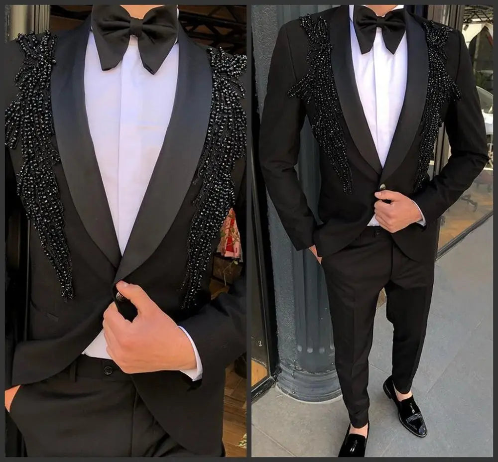 Trajes de hombre de lujo con cuentas para fiesta, 2 piezas, esmoquin de novio para boda, traje de padrino de graduación (chaqueta + pantalón)