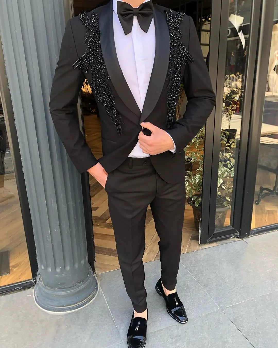 Trajes de hombre de lujo con cuentas para fiesta, 2 piezas, esmoquin de novio para boda, traje de padrino de graduación (chaqueta + pantalón)