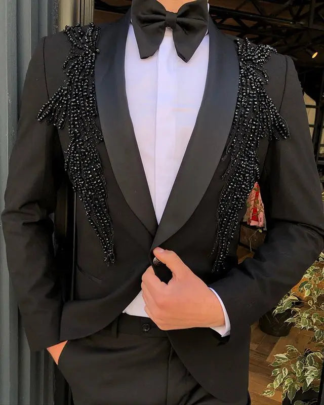 Trajes de hombre de lujo con cuentas para fiesta, 2 piezas, esmoquin de novio para boda, traje de padrino de graduación (chaqueta + pantalón)