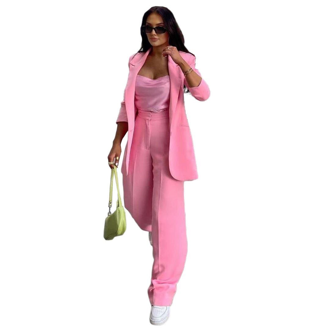 Pink Loose Women Pants Suits For Wedding Sexy Long Sleeve Trousers Set 2 Pieces