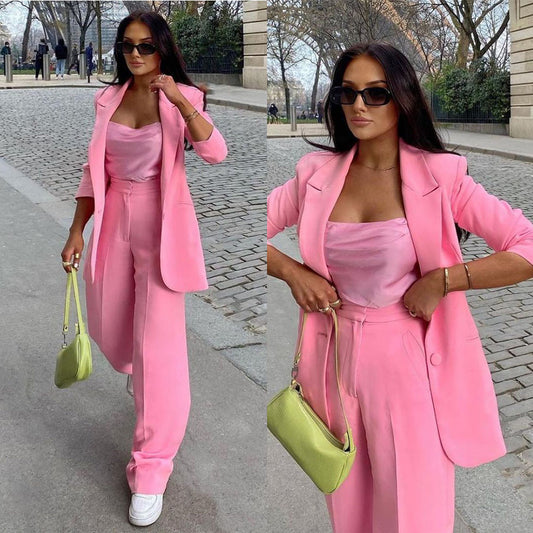 Pink Loose Women Pants Suits For Wedding Sexy Long Sleeve Trousers Set 2 Pieces