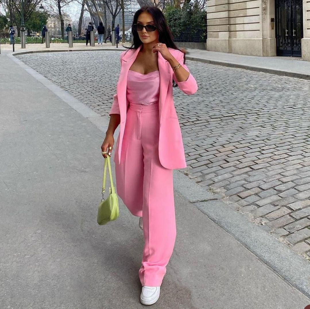 Conjunto de 2 piezas de pantalón holgado rosa para mujer, para boda, sexy, de manga larga 