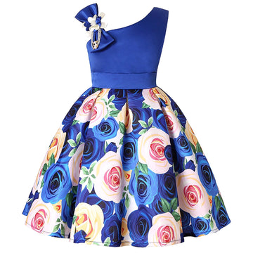 Girls One Shoulder Floral Print Party Dress with Bow and Flower Accents