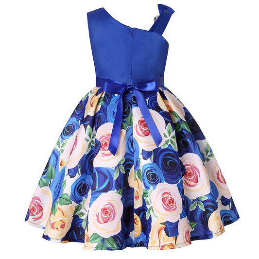 Girls One Shoulder Floral Print Party Dress with Bow and Flower Accents