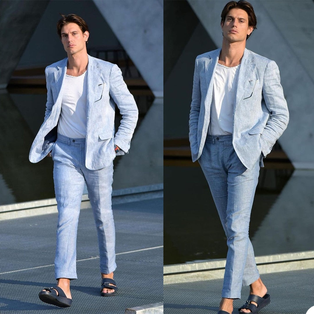 Summer Linen men Tuxedos Groom Wear Two Button Wedding Pants Suits Business Prom Party Blazer Jacket(Jacket+Pants)