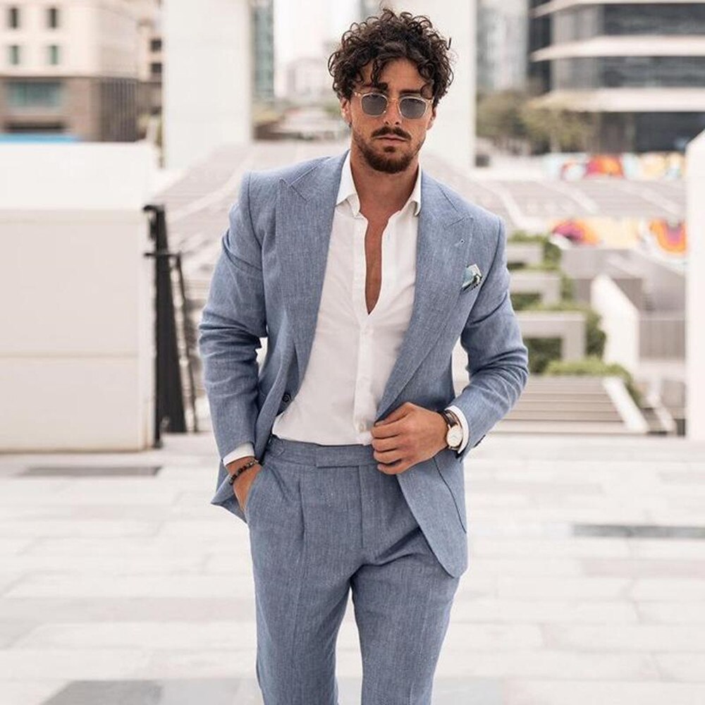 Summer Linen Sky Blue Wedding Suits For Men Slim Fit Formal Dinner Party Luxury Dress Custom Large Size Tuxedo 2 Pieces