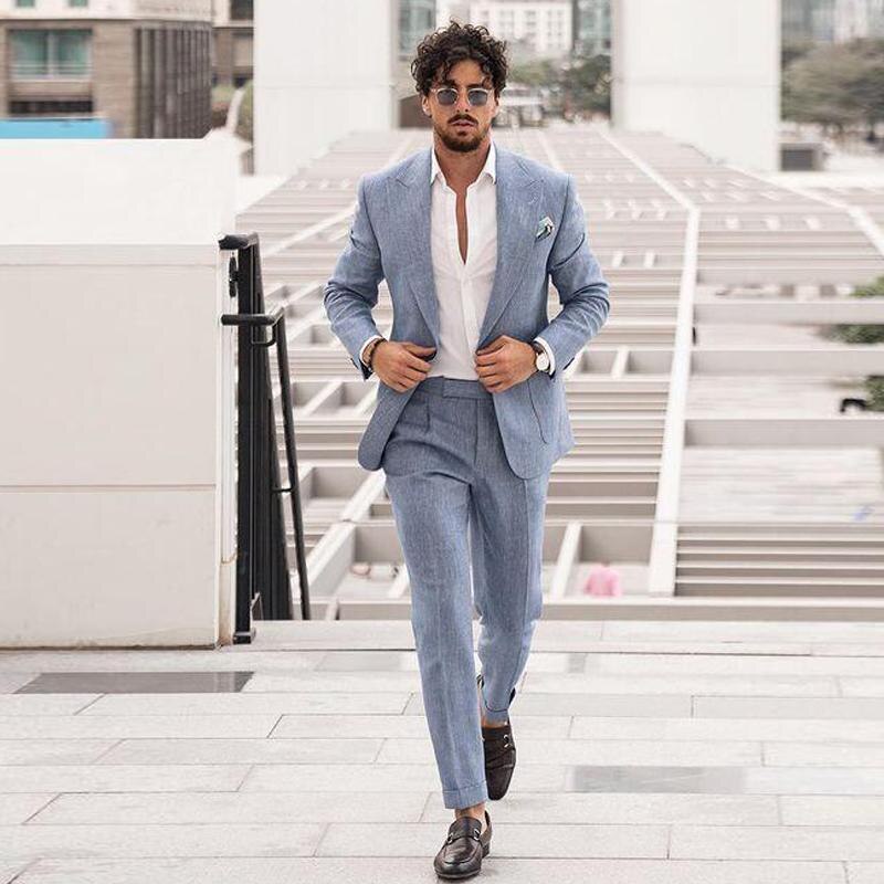 Summer Linen Sky Blue Wedding Suits For Men Slim Fit Formal Dinner Party Luxury Dress Custom Large Size Tuxedo 2 Pieces