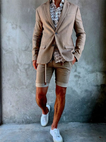 Summer Men's Suit 2 Pieces Blazer Short Pants Single Breasted Peaked Lapel Business Slim Wedding Groom Tailored Costume Homme