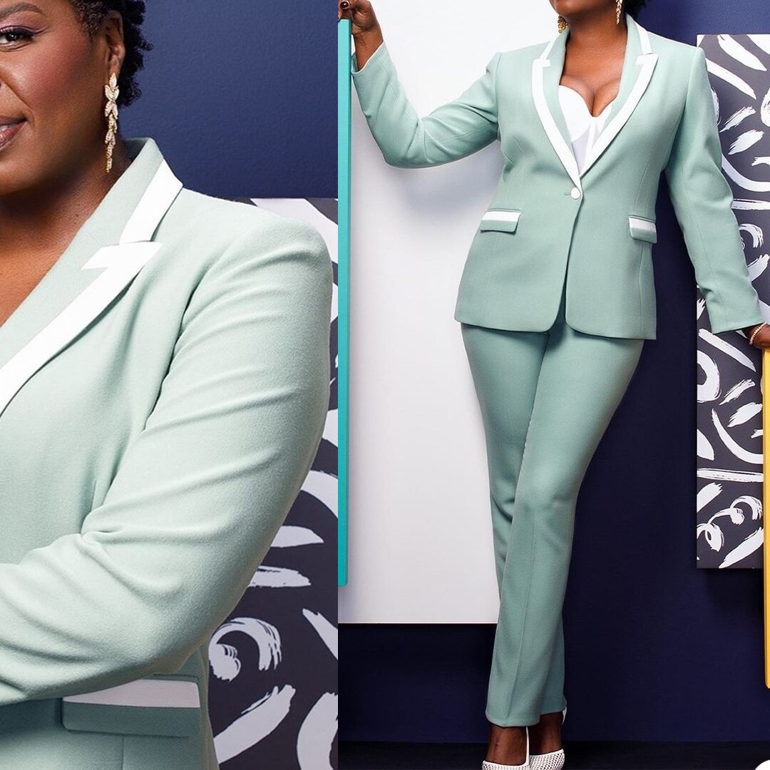 Costume vert menthe pour femme, grande taille, tenue de bureau, pantalon à un bouton, pour bal, fête, mariage (veste + pantalon) 