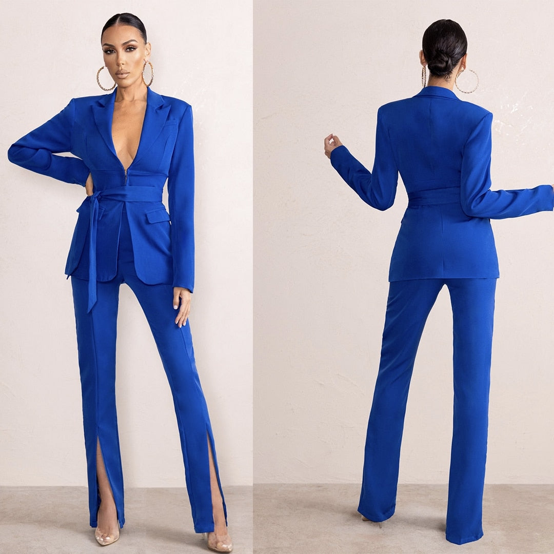 Trajes de pantalón para madre de la novia de verano, azul real, para mujer, para fiesta de noche formal, blazer, pantalones acampanados ajustados, 2 piezas 