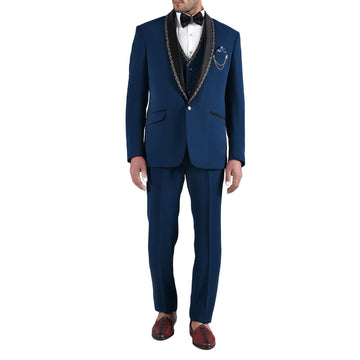 Smoking d'été bleu marine pour homme, ensemble 3 pièces, avec col châle et perles, pour marié, fête, bal de promo, tenue d'affaires 